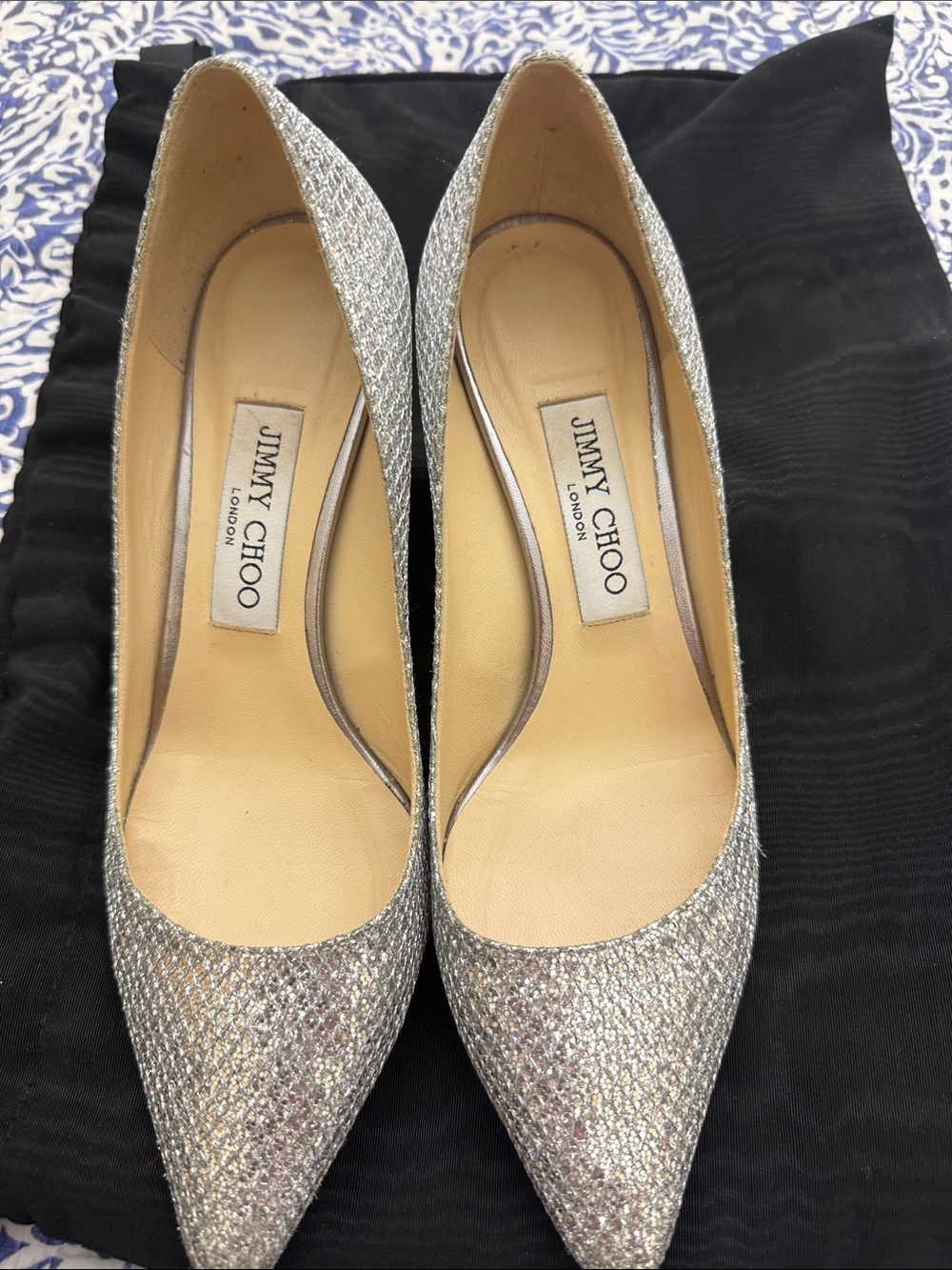 Jimmy Choo Silver Glitter Pointed Pumps